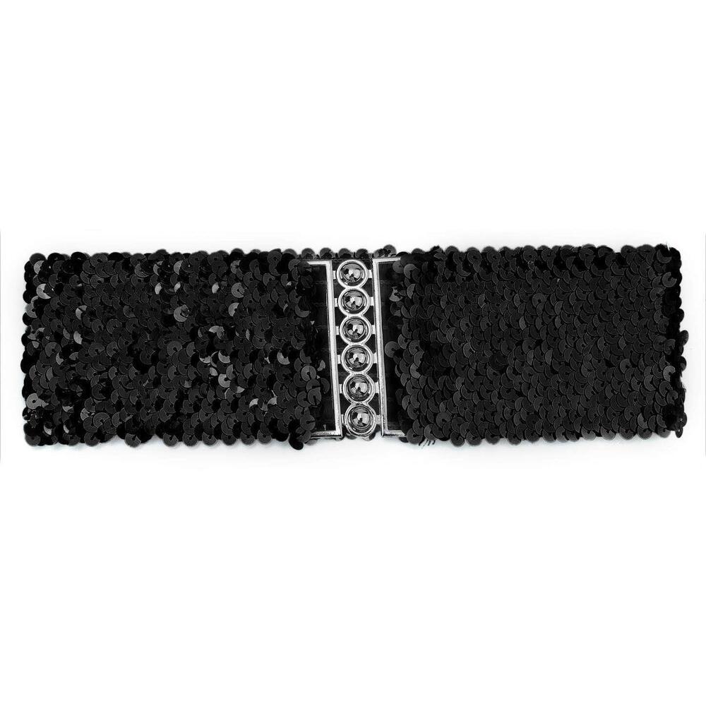 4384 Ladies Sequins Decor Metal Interlocking Buckles Elastic Waist Belt One